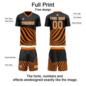Conjunto personalizado de camiseta de uniforme negra y naranja para niños y adultos