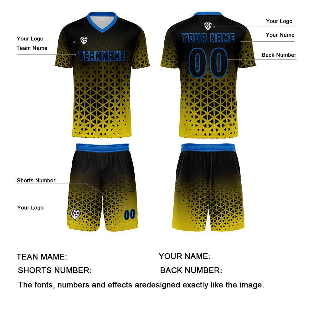 Conjunto personalizado de camiseta y uniforme amarillo y azul para niños y adultos