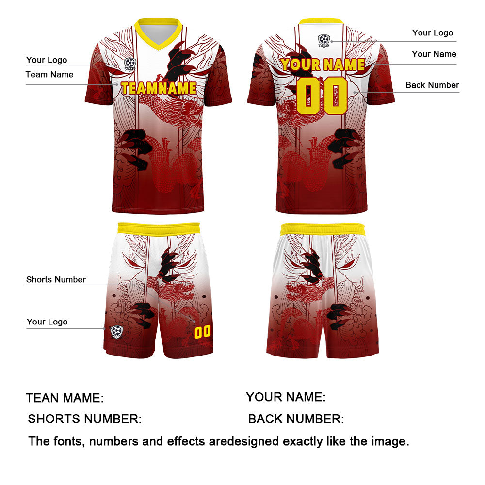 Conjunto personalizado de camiseta de uniforme rojo y amarillo para niños y adultos