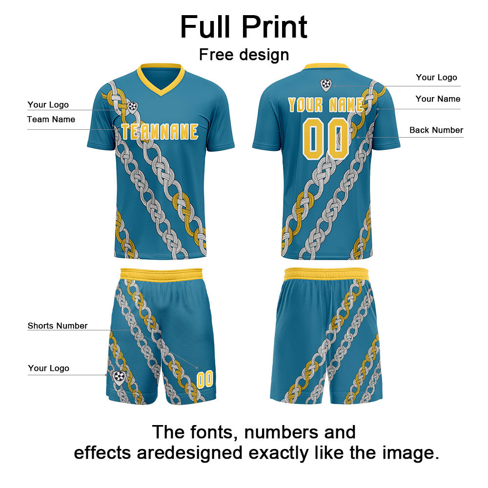 Conjunto personalizado de camiseta de uniforme azul y amarillo para niños y adultos
