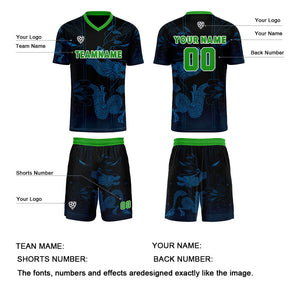 Conjunto personalizado de camiseta de uniforme azul y verde para niños y adultos