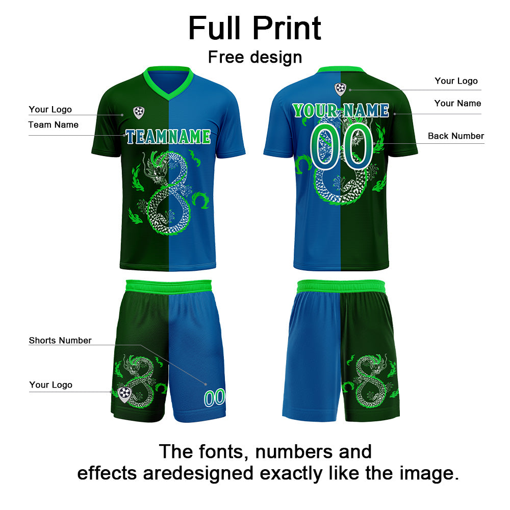 Conjunto personalizado de camiseta de uniforme azul y verde para niños y adultos