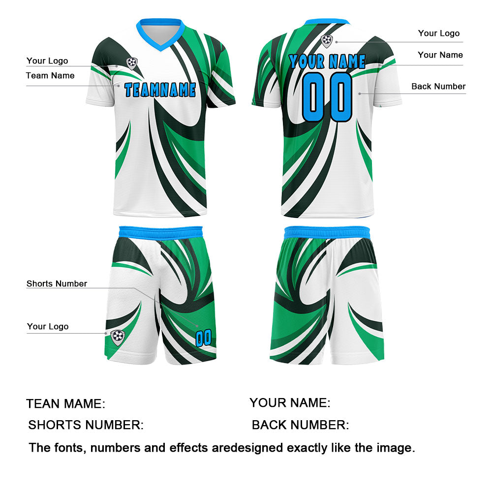 Conjunto personalizado de camiseta de uniforme blanca y verde para niños y adultos