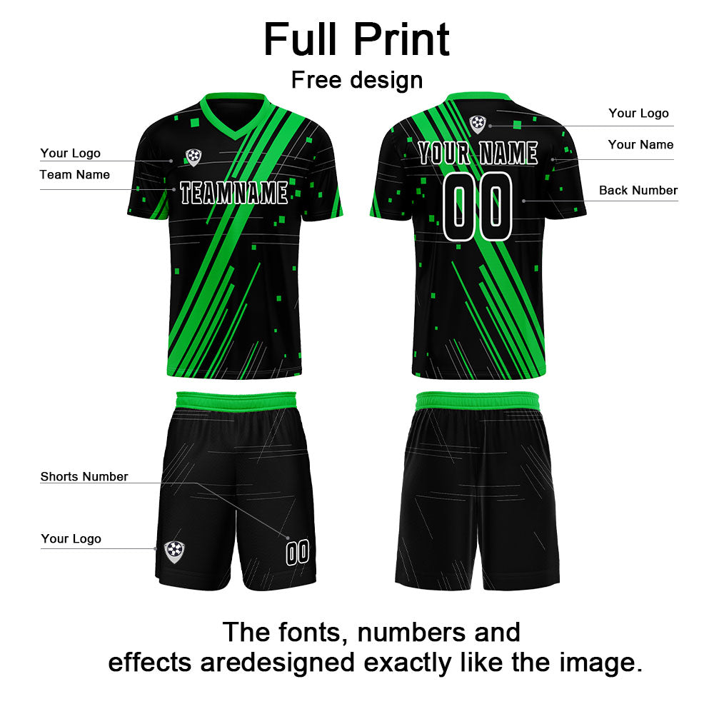 Conjunto personalizado de camiseta de uniforme negra y verde para niños y adultos