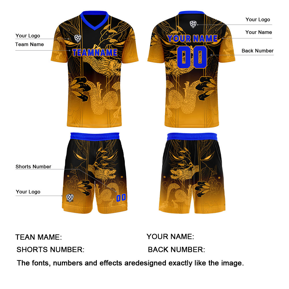 Conjunto personalizado de camiseta y uniforme amarillo y azul para niños y adultos