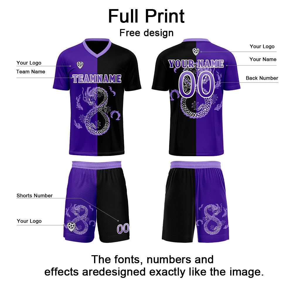 Conjunto personalizado de camiseta de uniforme morado y negro para niños y adultos