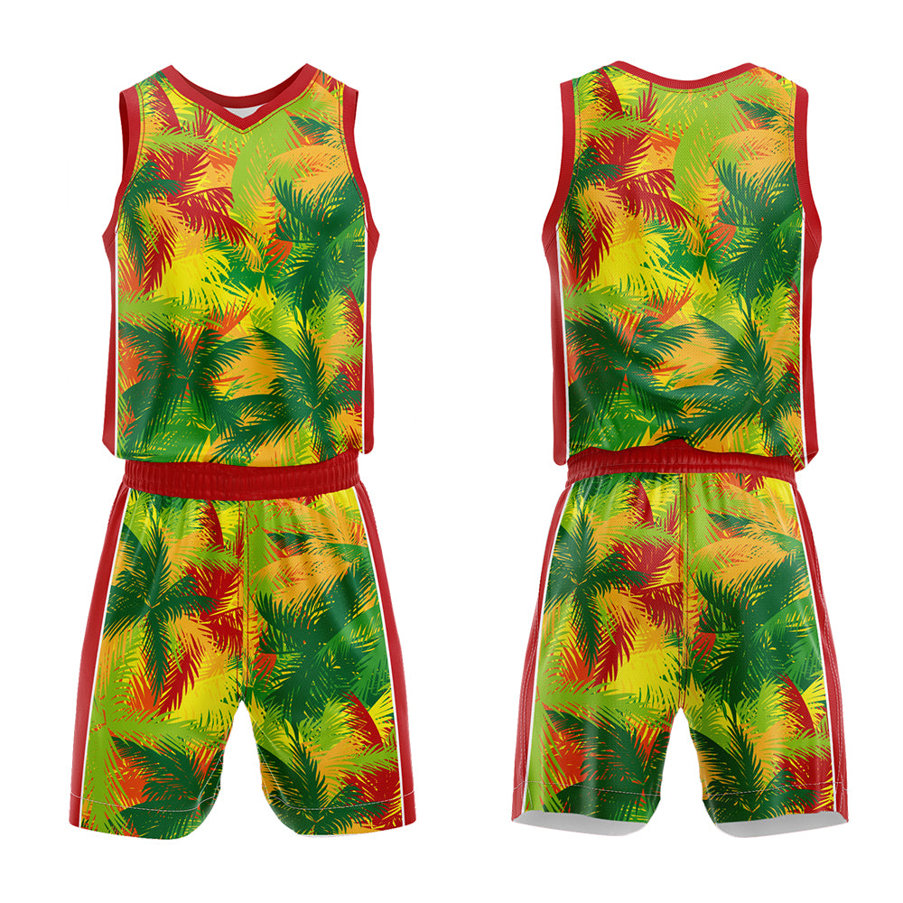 Uniforme de baloncesto personalizado con estampado de plantas tropicales-tu logotipo-nombre y número impresos