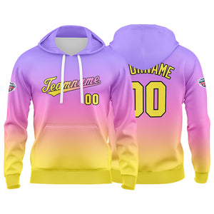 Sudadera con capucha personalizada con degradado para hombre-mujer-niña o niño Estampa tu logotipo-nombre o número en morado-rosa o amarillo