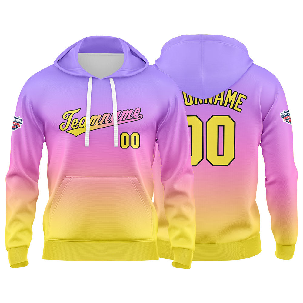 Sudadera con capucha personalizada con degradado para hombre-mujer-niña o niño Estampa tu logotipo-nombre o número en morado-rosa o amarillo
