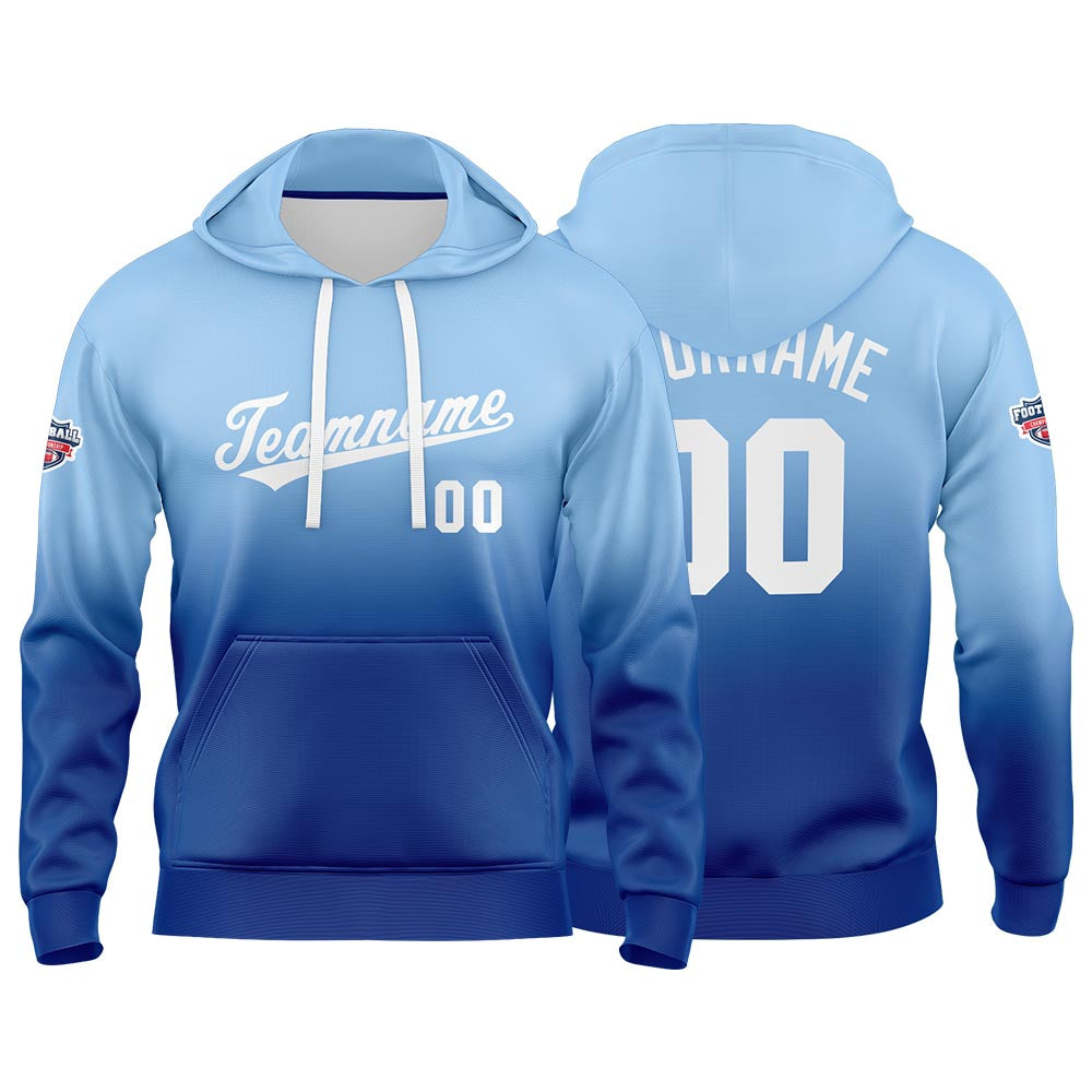 Sudadera con capucha personalizada con degradado para hombre-mujer-niña o niño Estampa tu logotipo-nombre o número en azul claro y blanco