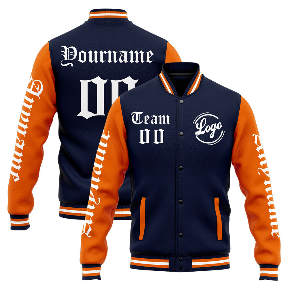 Chaqueta universitaria personalizada estilo Letterman para hombres-mujeres y jóvenes-color azul marino y naranja