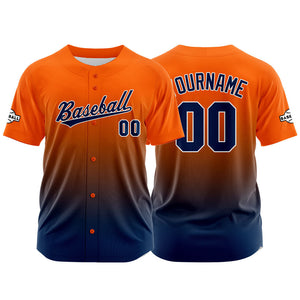 Camiseta de béisbol con dise?o personalizado estampado completo azul marino y naranja