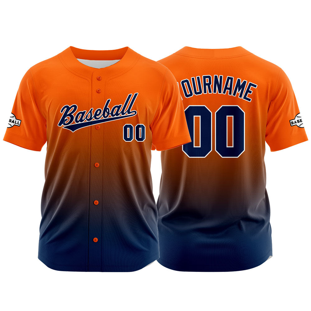 Camiseta de béisbol con dise?o personalizado estampado completo azul marino y naranja