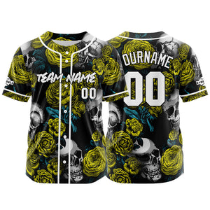 Camiseta de béisbol personalizada para hombres mujeres ni?os y jóvenes con bordado y estampado de calavera rosa y amarillo