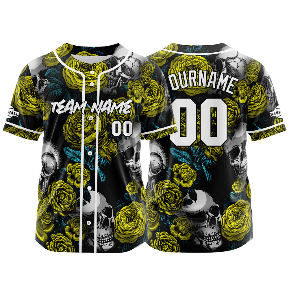 Camiseta de béisbol personalizada para hombres mujeres ni?os y jóvenes con bordado y estampado de calavera rosa y amarillo
