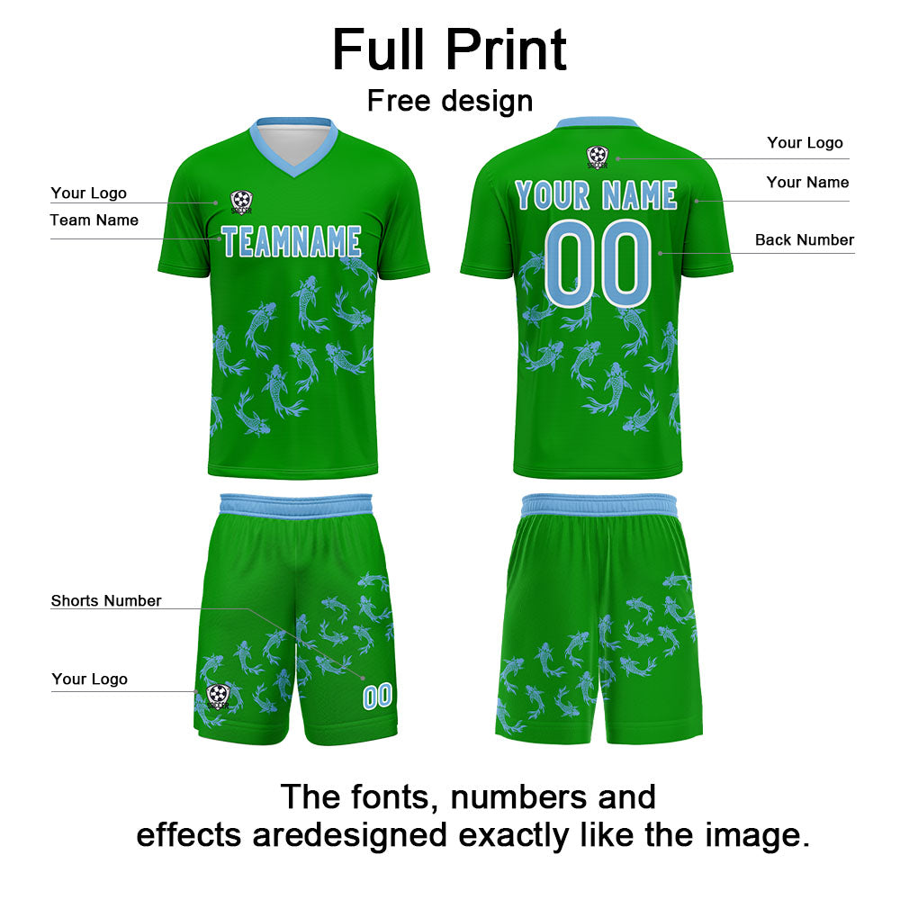 Conjunto personalizado de camiseta de fútbol verde césped para niños y adultos