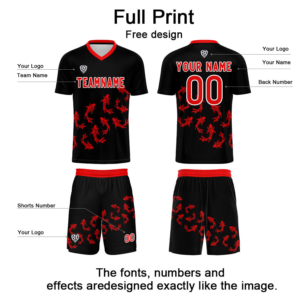 Conjunto personalizado de camiseta de fútbol negra y roja para niños y adultos