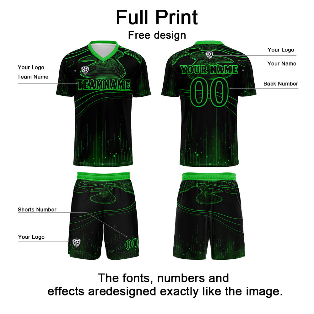 Conjunto personalizado de camiseta de fútbol negra y verde para niños y adultos