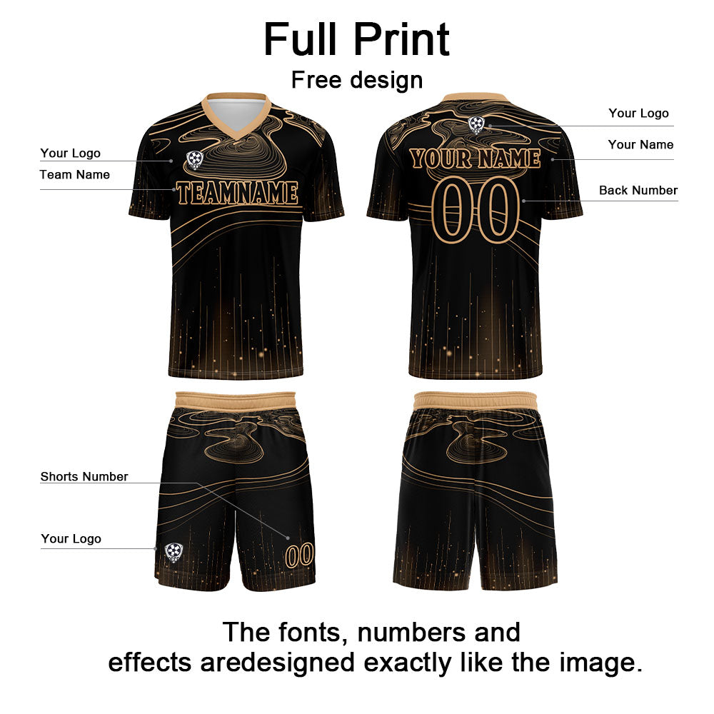 Conjunto personalizado de camiseta de fútbol negra y marrón claro para niños y adultos