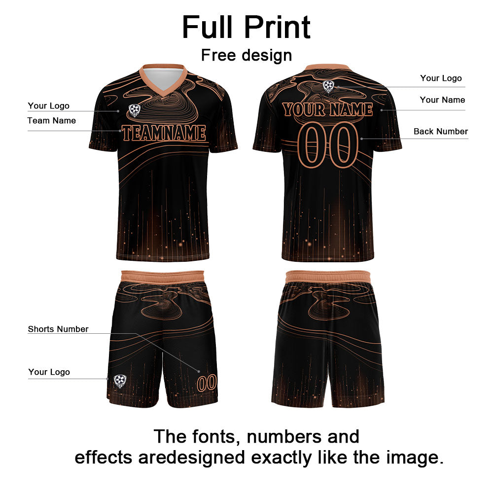Conjunto personalizado de camiseta de fútbol negra y naranja para niños y adultos
