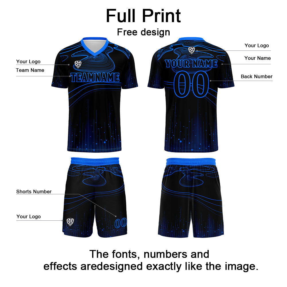 Conjunto personalizado de camiseta de fútbol negra y azul para niños y adultos