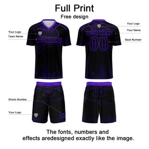 Conjunto personalizado de camiseta de fútbol negra y morada para niños y adultos