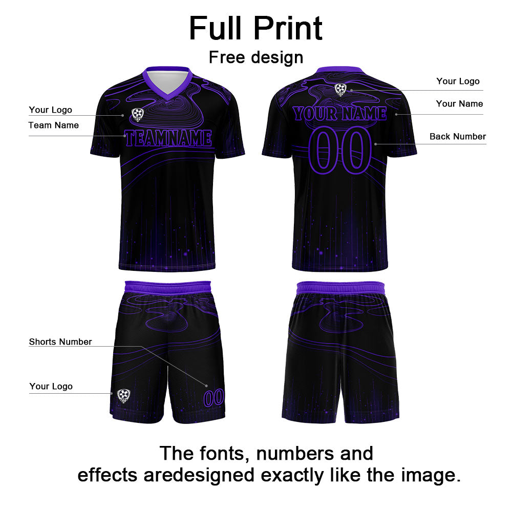 Conjunto personalizado de camiseta de fútbol negra y morada para niños y adultos