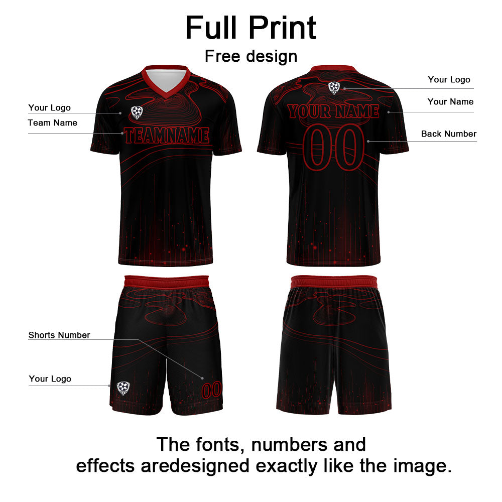Conjunto personalizado de camiseta de fútbol negra y roja para niños y adultos