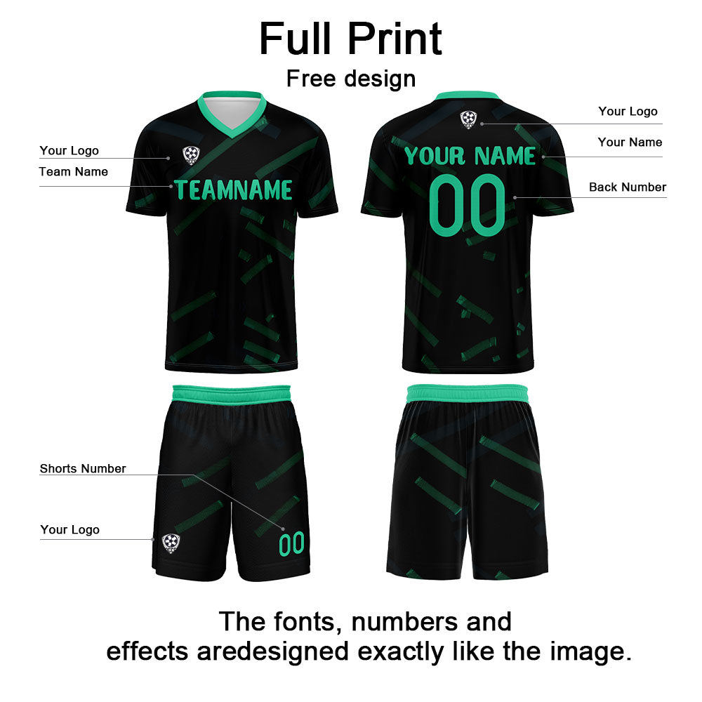 Conjunto personalizado de camiseta de fútbol negra y verde hierba para niños y adultos