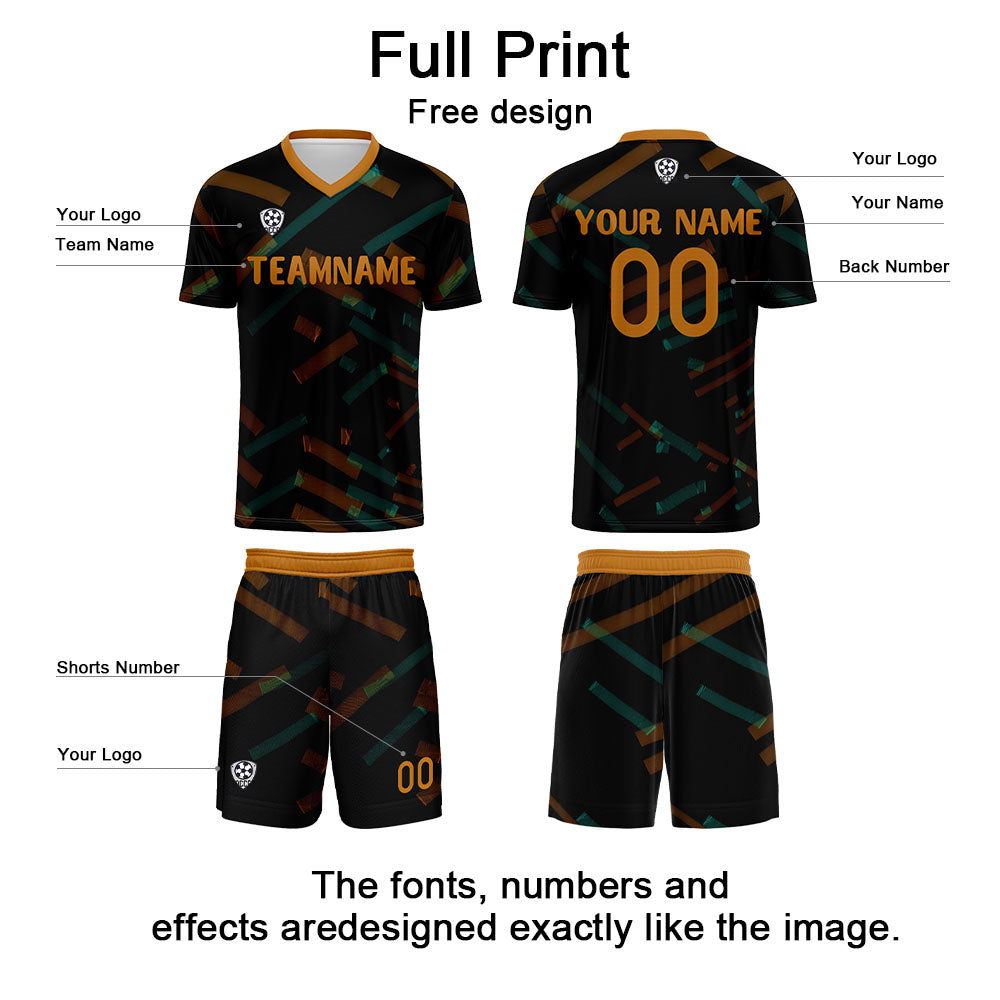 Conjunto personalizado de camiseta de fútbol negra y naranja para niños y adultos