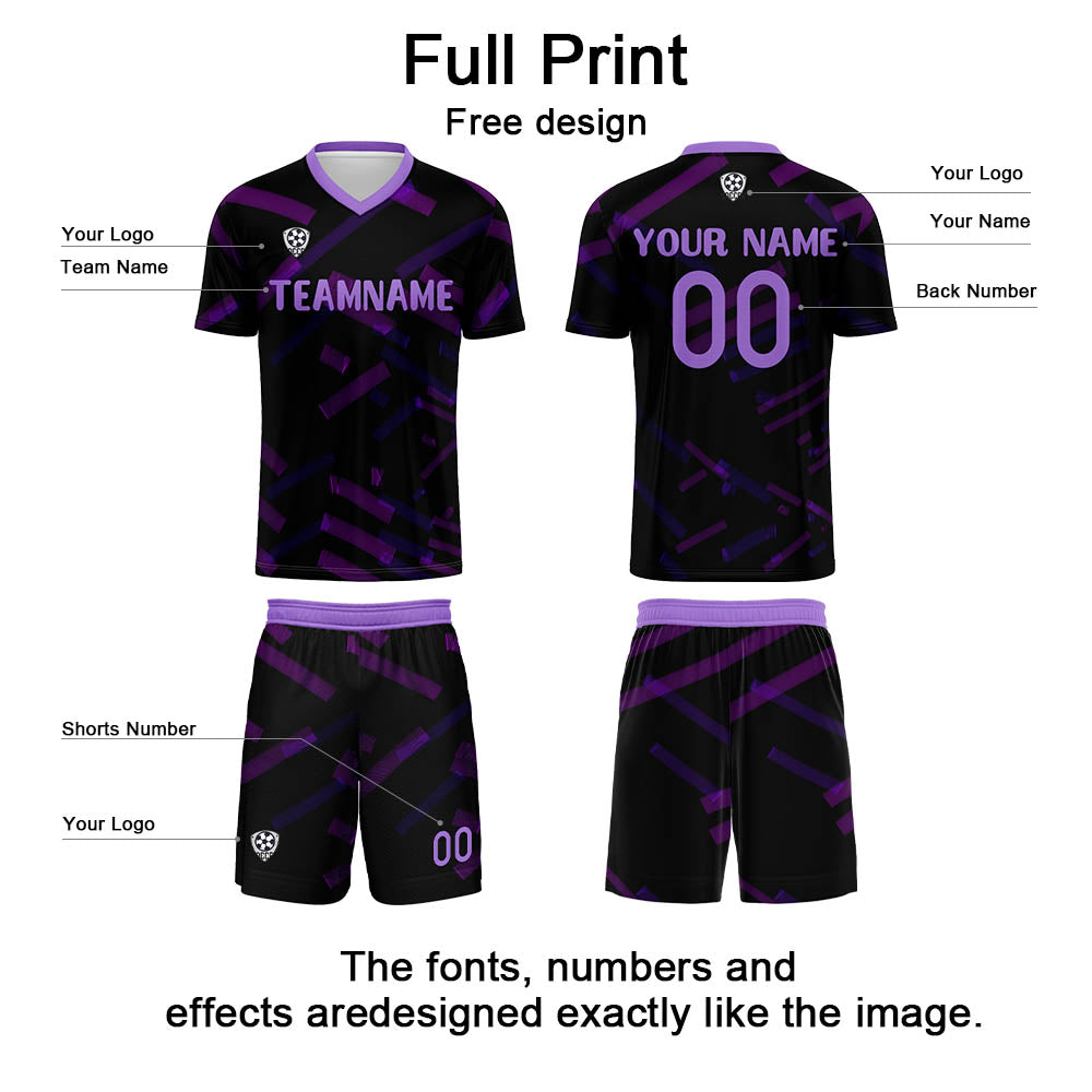 Conjunto personalizado de camiseta de fútbol negra y morada para niños y adultos