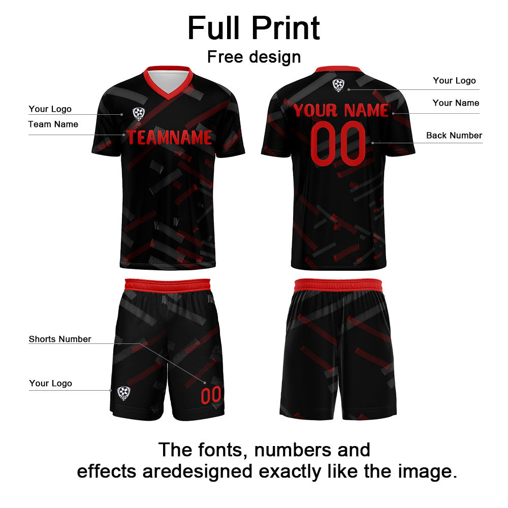 Conjunto personalizado de camiseta de fútbol negra y roja para niños y adultos