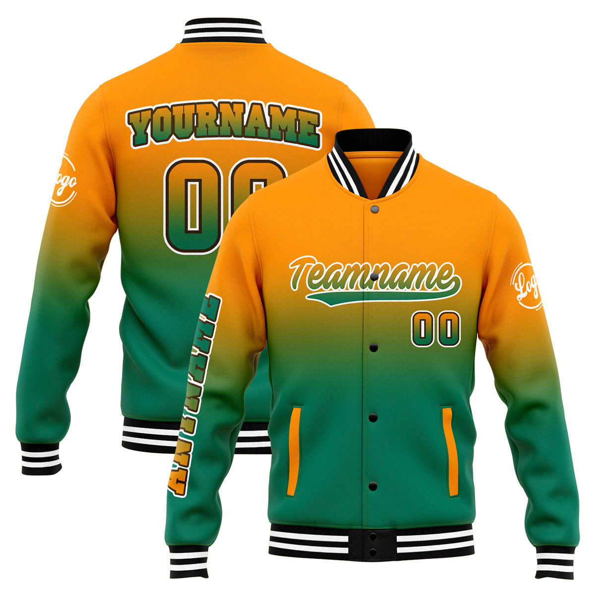 Chaqueta universitaria personalizada estilo Letterman para hombres-mujeres y jóvenes-color naranja y verde