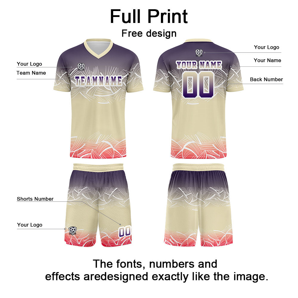 Conjunto personalizado de camiseta de fútbol beige y morado para niños y adultos