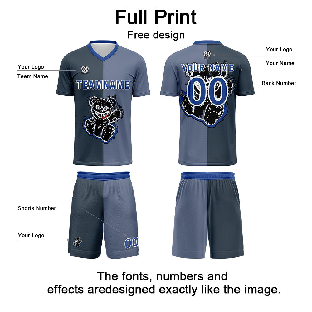 Conjunto personalizado de camiseta de fútbol gris y azul para niños y adultos
