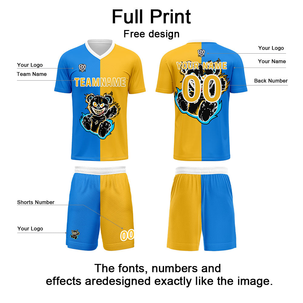 Conjunto personalizado de camiseta de fútbol azul y amarillo para niños y adultos