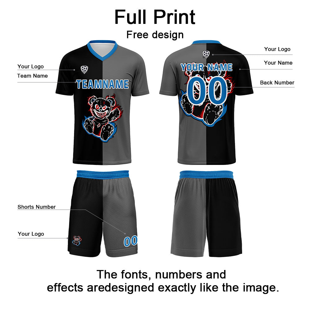 Conjunto personalizado de camiseta de fútbol negra y azul para niños y adultos
