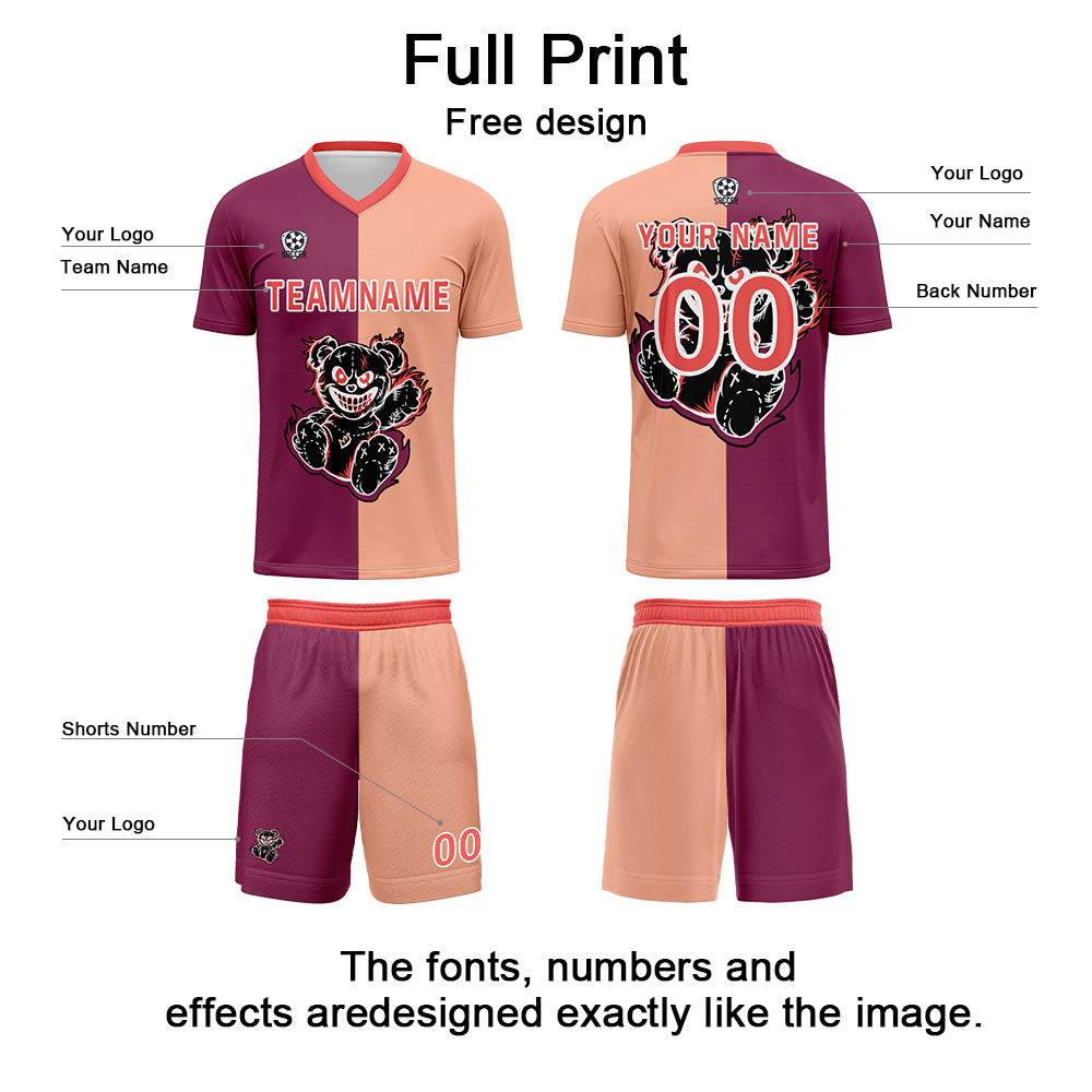 Conjunto personalizado de camiseta de fútbol fucsia y marrón claro para niños y adultos