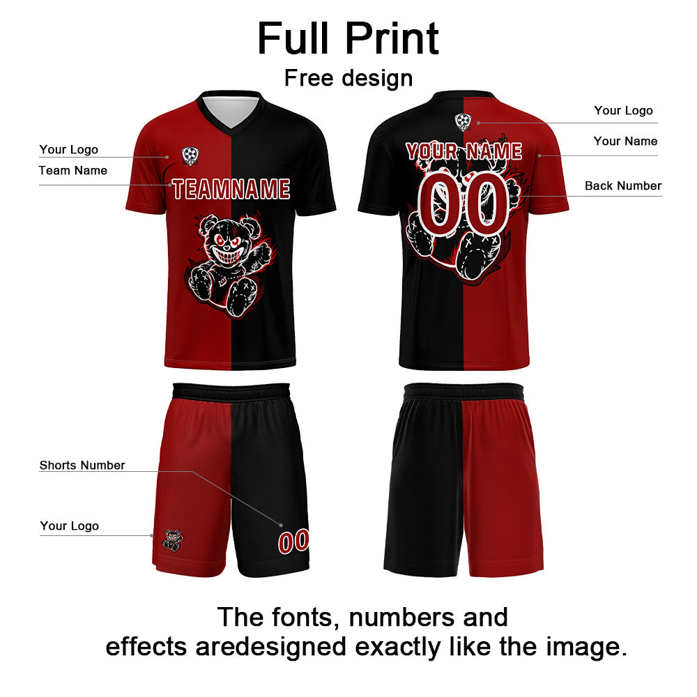 Conjunto personalizado de camiseta de fútbol roja y negra para niños y adultos