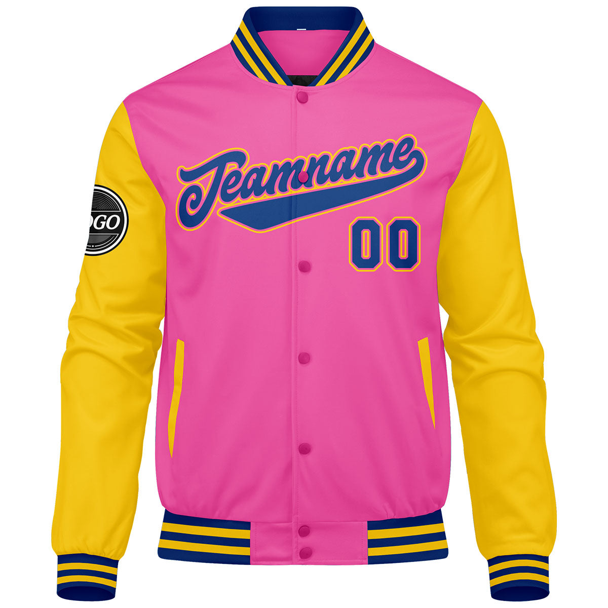 Chaqueta universitaria personalizada estilo Letterman para hombres-mujeres y jóvenes en rosa-amarillo y azul marino