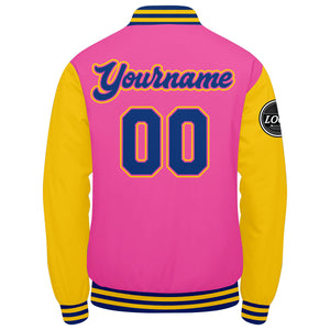 Chaqueta universitaria personalizada estilo Letterman para hombres-mujeres y jóvenes en rosa-amarillo y azul marino