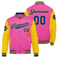 Chaqueta universitaria personalizada estilo Letterman para hombres-mujeres y jóvenes en rosa-amarillo y azul marino
