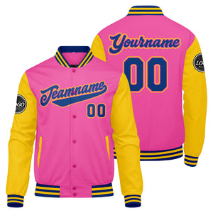 Chaqueta universitaria personalizada estilo Letterman para hombres-mujeres y jóvenes en rosa-amarillo y azul marino