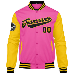 Chaqueta universitaria personalizada estilo Letterman para hombres-mujeres y jóvenes en rosa-amarillo y negro