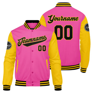 Chaqueta universitaria personalizada estilo Letterman para hombres-mujeres y jóvenes en rosa-amarillo y negro