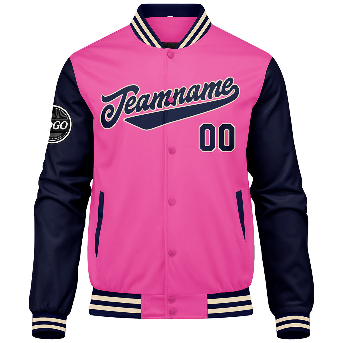 Chaqueta universitaria personalizada estilo Letterman para hombres-mujeres y jóvenes-color rosa y azul marino