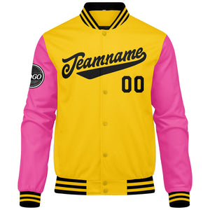 Chaqueta universitaria personalizada estilo Letterman para hombres-mujeres y jóvenes en color amarillo-rosa y negro