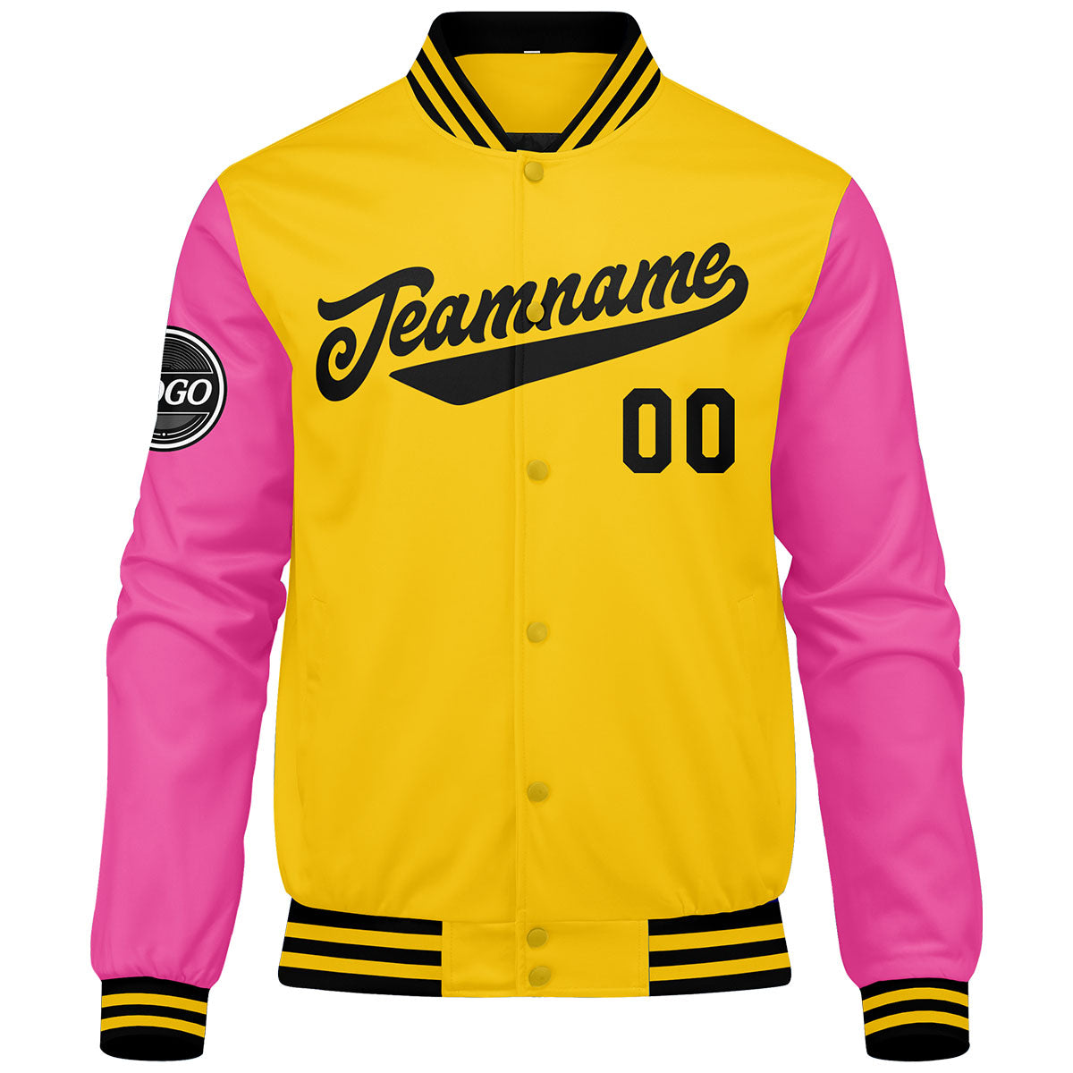 Chaqueta universitaria personalizada estilo Letterman para hombres-mujeres y jóvenes en color amarillo-rosa y negro