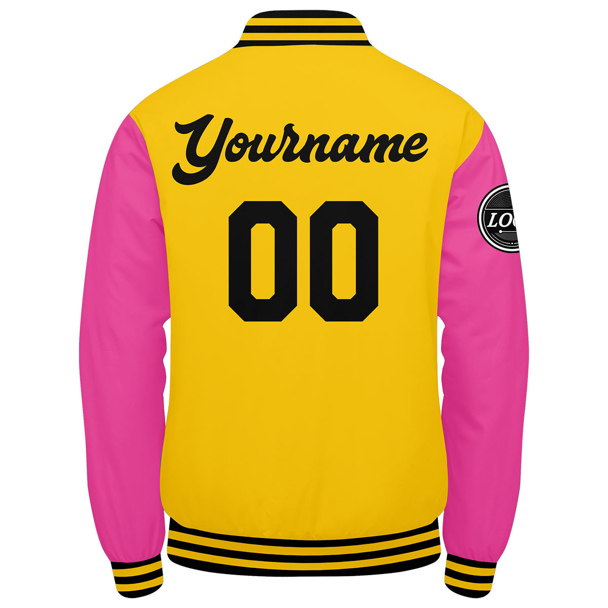Chaqueta universitaria personalizada estilo Letterman para hombres-mujeres y jóvenes en color amarillo-rosa y negro