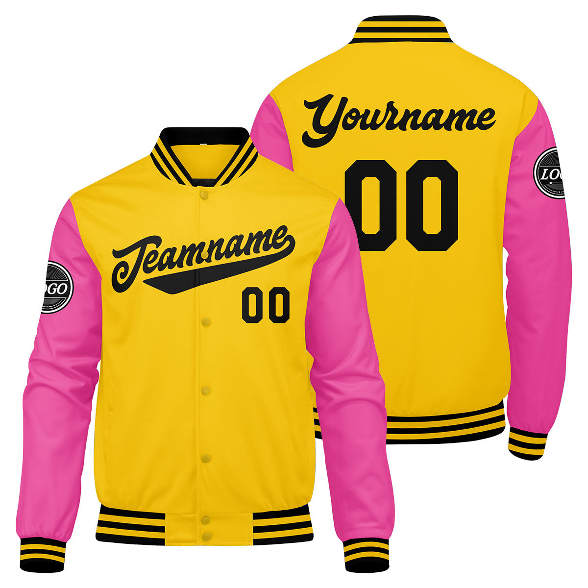 Chaqueta universitaria personalizada estilo Letterman para hombres-mujeres y jóvenes en color amarillo-rosa y negro